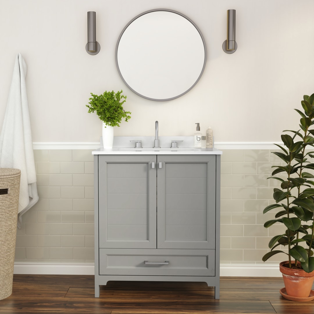 Haven 30 Inch Bathroom Vanity with Sink, Storage Cabinet with Soft Close Doors and Bottom Drawer, Carrara Marble Finish Countertop, Gray