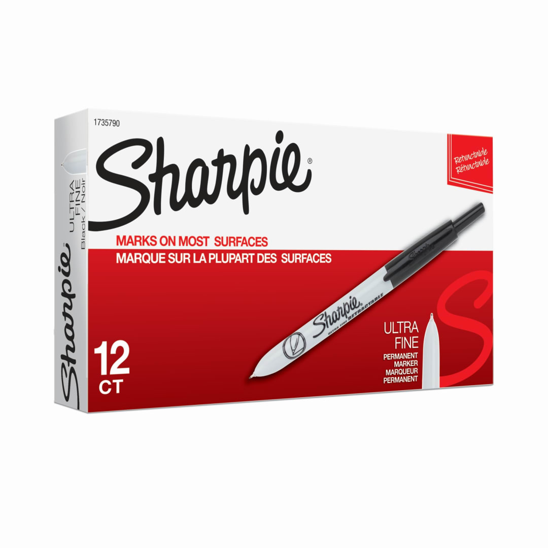 Sharpie® Retractable Permanent Markers, Ultra Fine Point, Black, 12 Count
