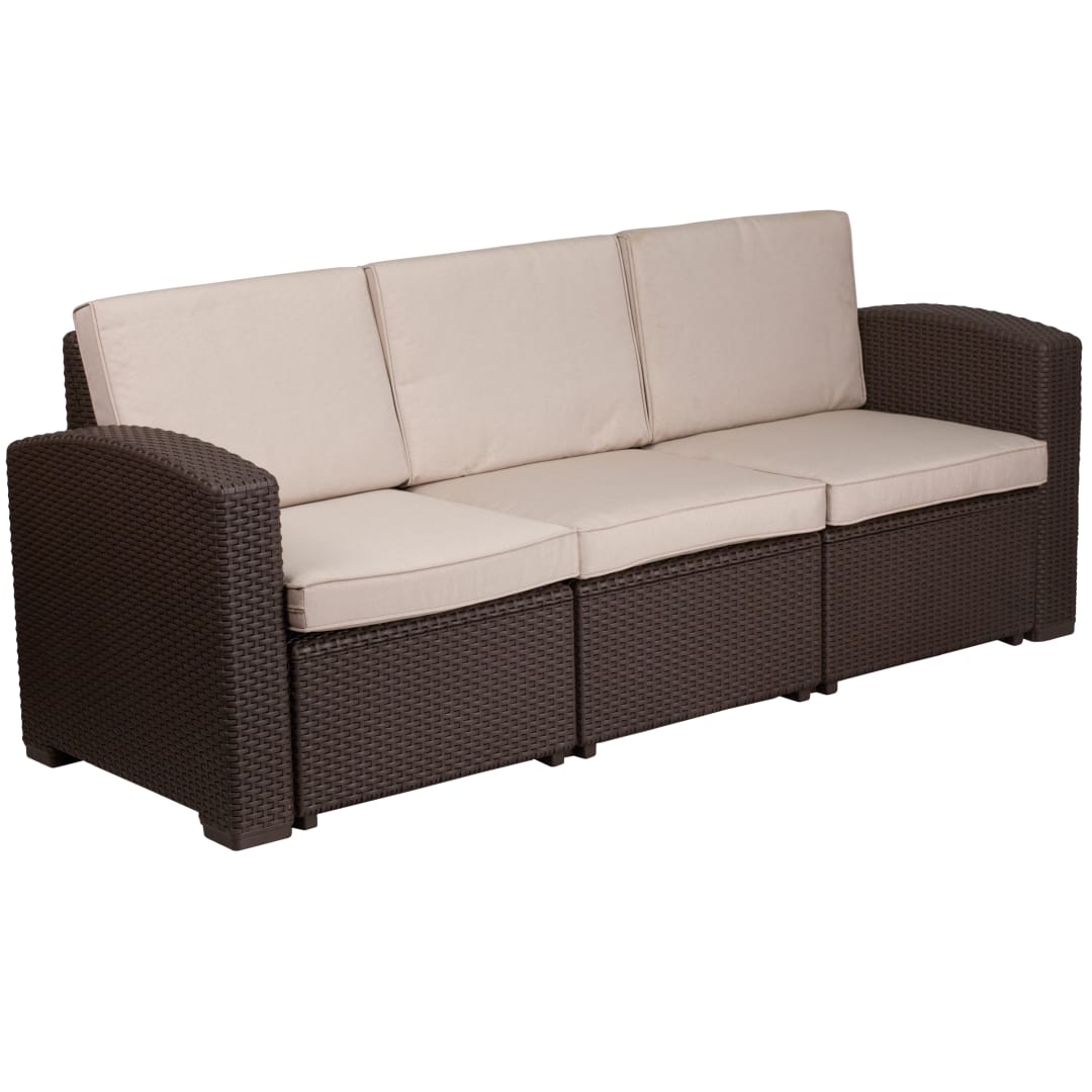 Seneca Chocolate Brown Faux Rattan Sofa with All-Weather Beige Cushions