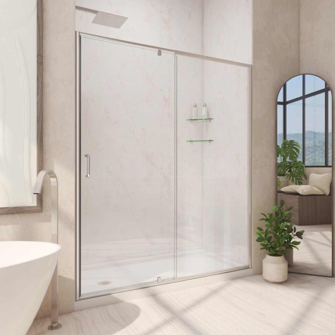 DreamLine Flex 30 inch D x 60 inch W x 74 3/4 inch H Semi-Frameless Pivot Shower Door in Brushed Nickel with Left Drain White Shower Base Kit