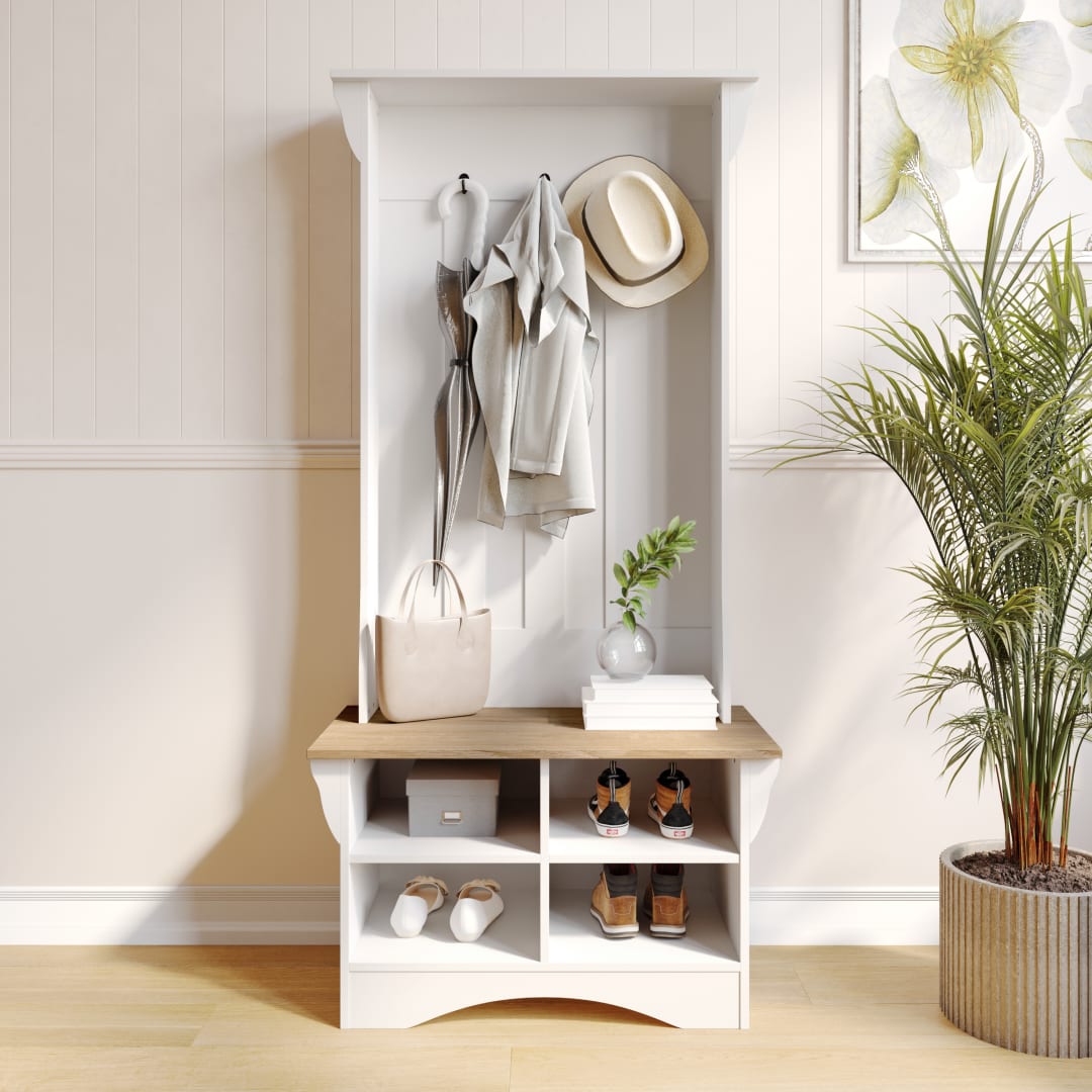 Paisley 31.5" Wide Hall Tree with Bench, 3 Single Storage Hooks, and 4 Lower Storage Cubbies with Adjustable Shelves in White with Weathered Seat