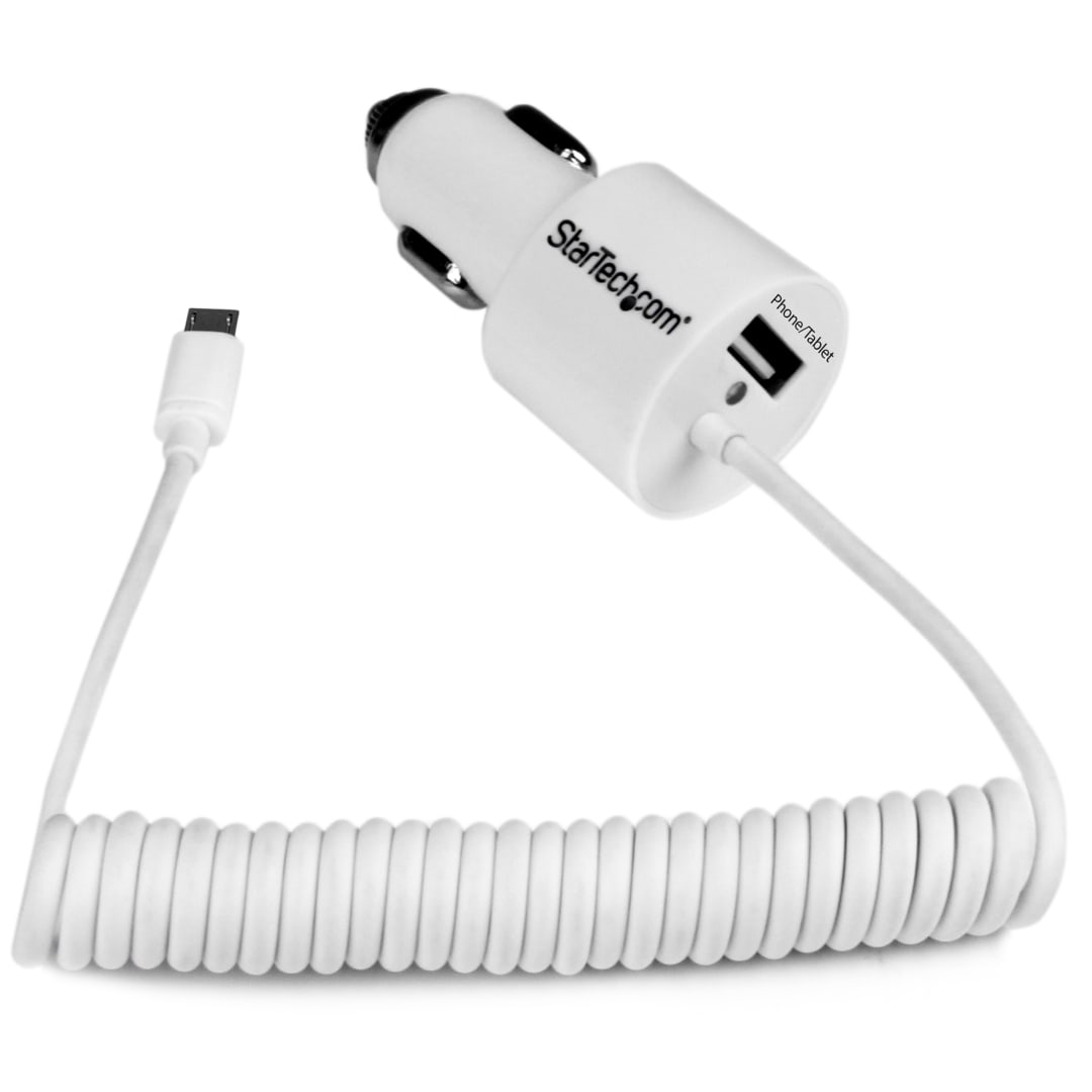 Micro USB 2 Port White Car Charger Cable