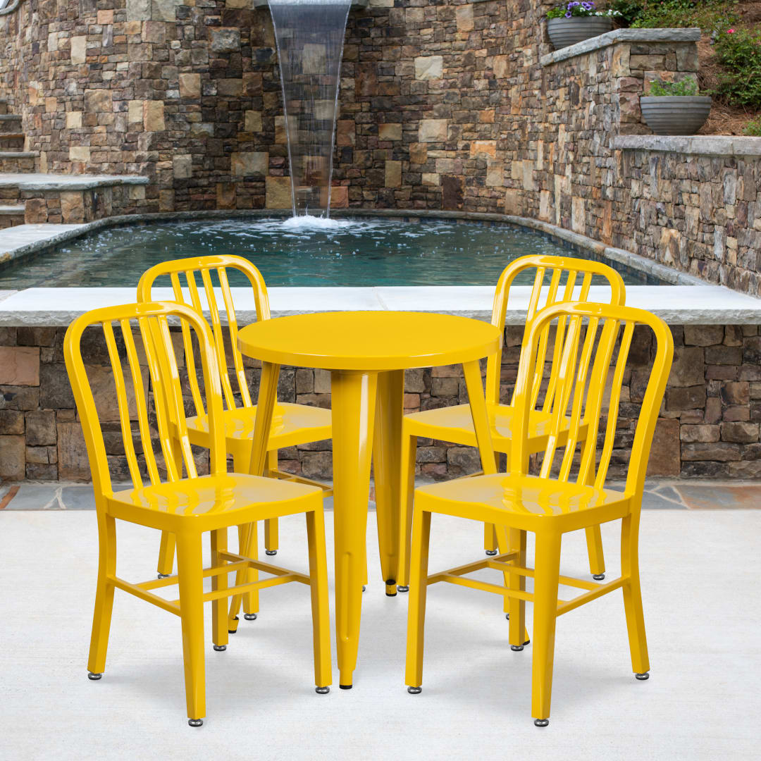 Thomas Commercial Grade 24" Round Yellow Metal Indoor-Outdoor Table Set with 4 Vertical Slat Back Chairs