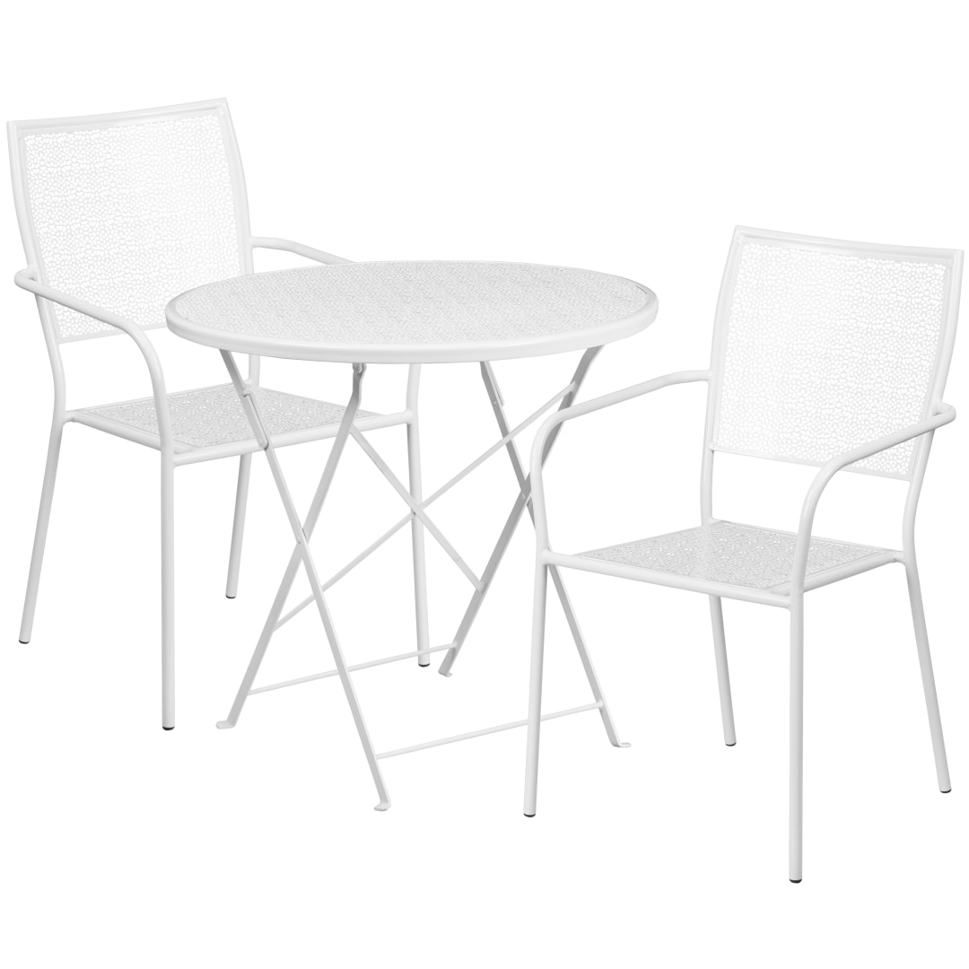 Oia Commercial Grade 30" Round White Indoor-Outdoor Steel Folding Patio Table Set with 2 Square Back Chairs