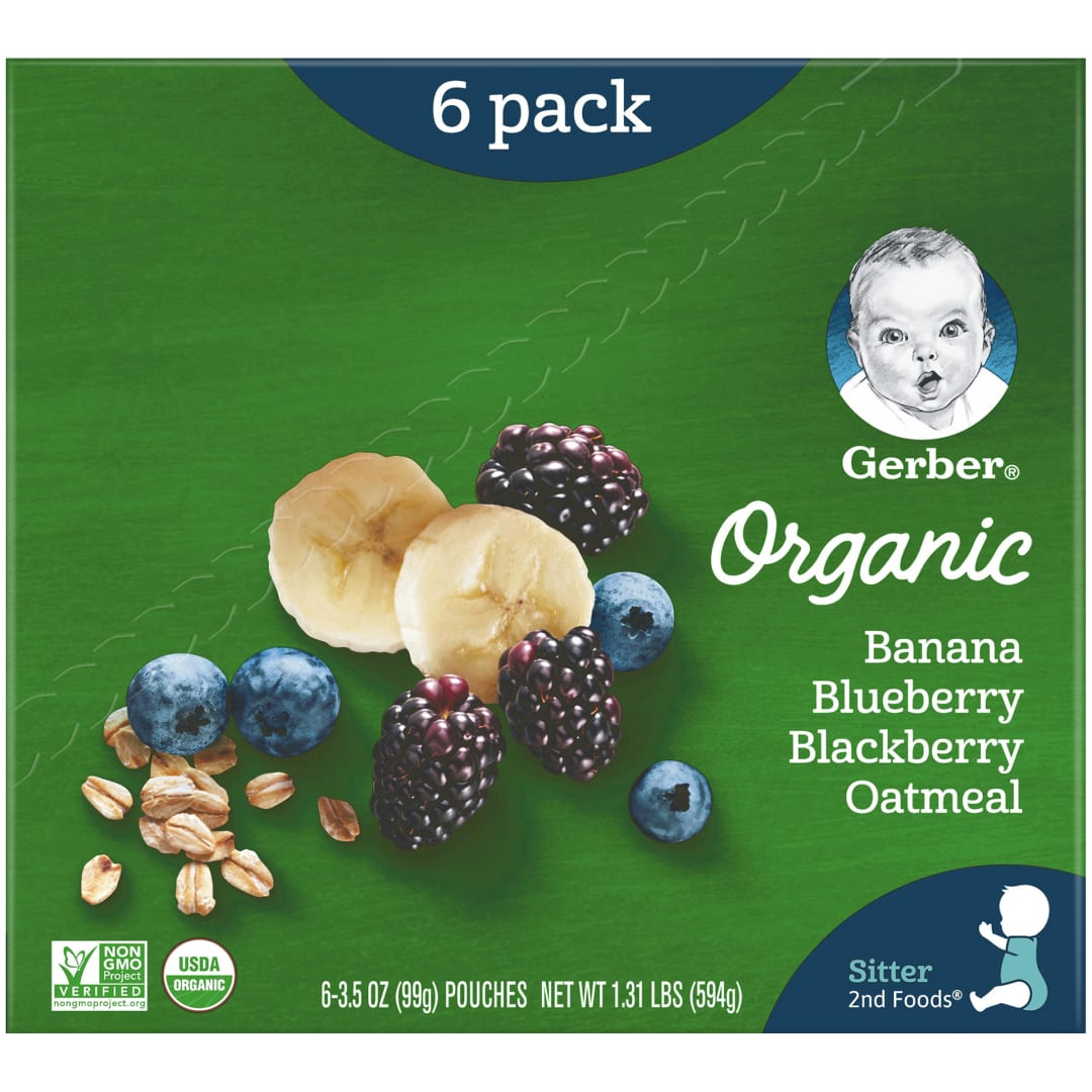 Gerber Stage 2 Baby Food, Banana Blueberry Blackberry Oatmeal, 3.5 oz Pouch (6 Pack)