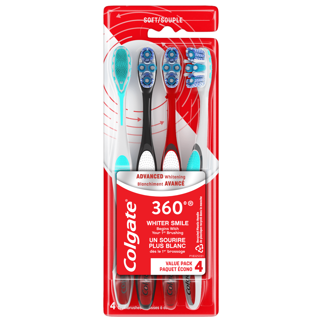 Colgate 360 Advanced Whitening Toothbrush Pack, Soft Adult Toothbrushes, 4 Pack