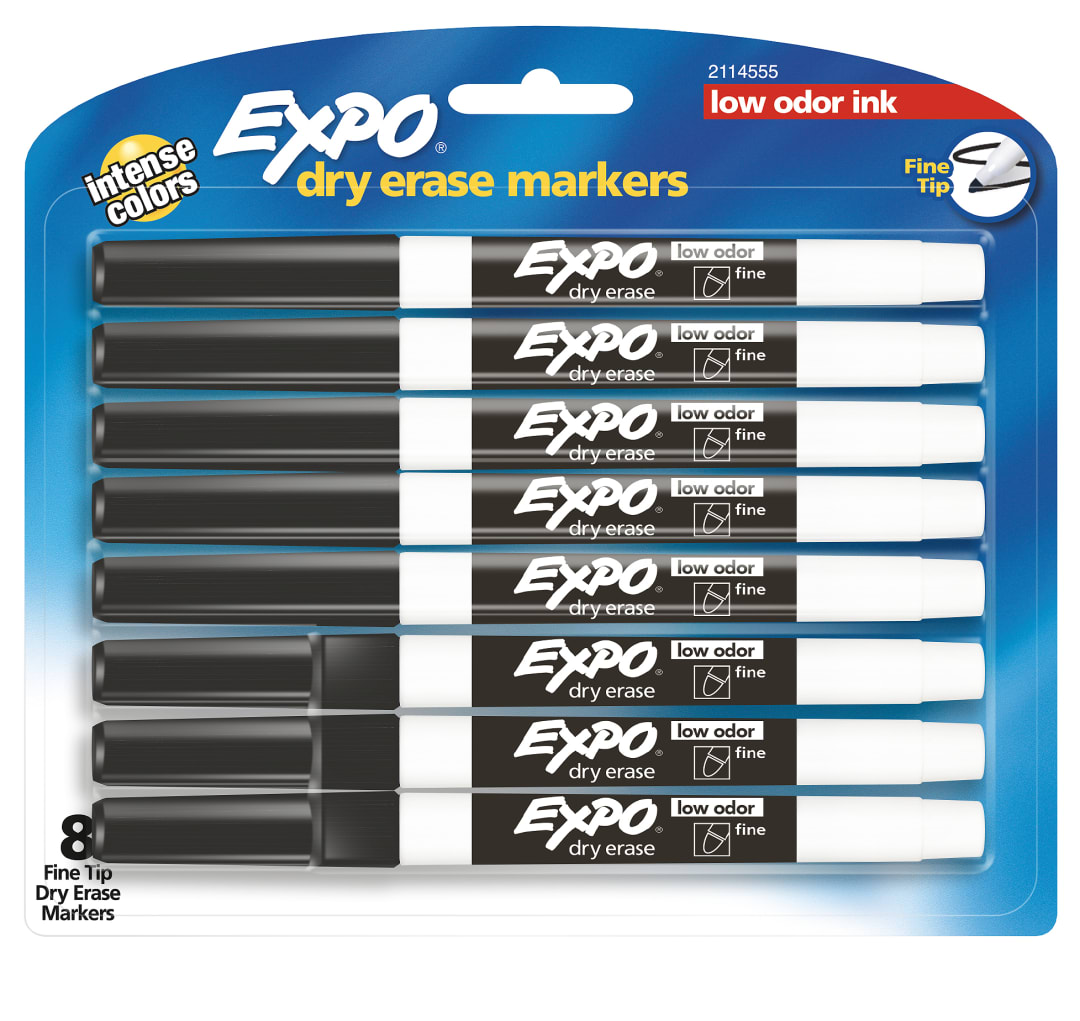 EXPO® Low Odor Dry Erase Markers, Fine Tip, Black, 8 Count
