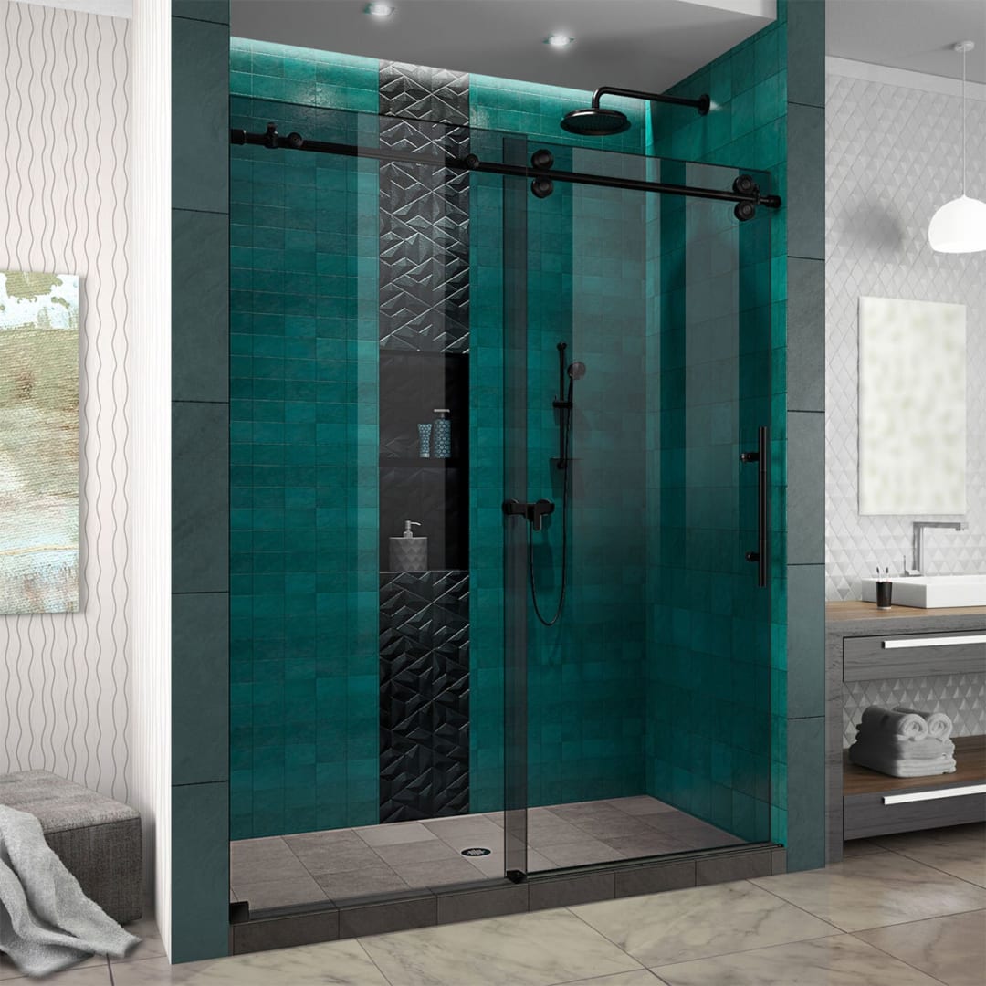 DreamLine Enigma-XO 56-60 inch W x 76 inch H Frameless Smoke Gray Glass Sliding Shower Door in Matte Black Stainless Steel