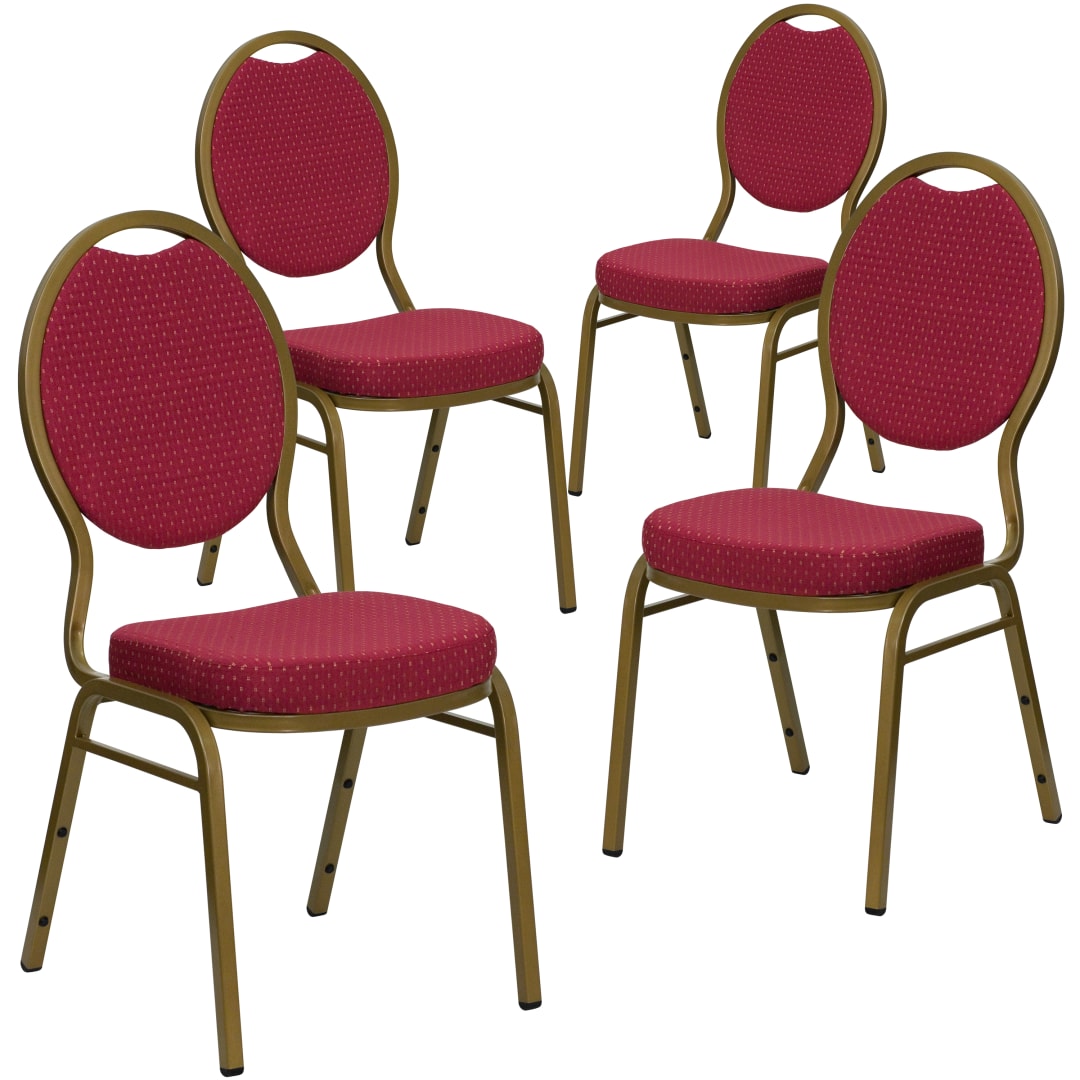 4 Pack HERCULES Series Teardrop Back Stacking Banquet Chair in Burgundy Patterned Fabric - Gold Frame
