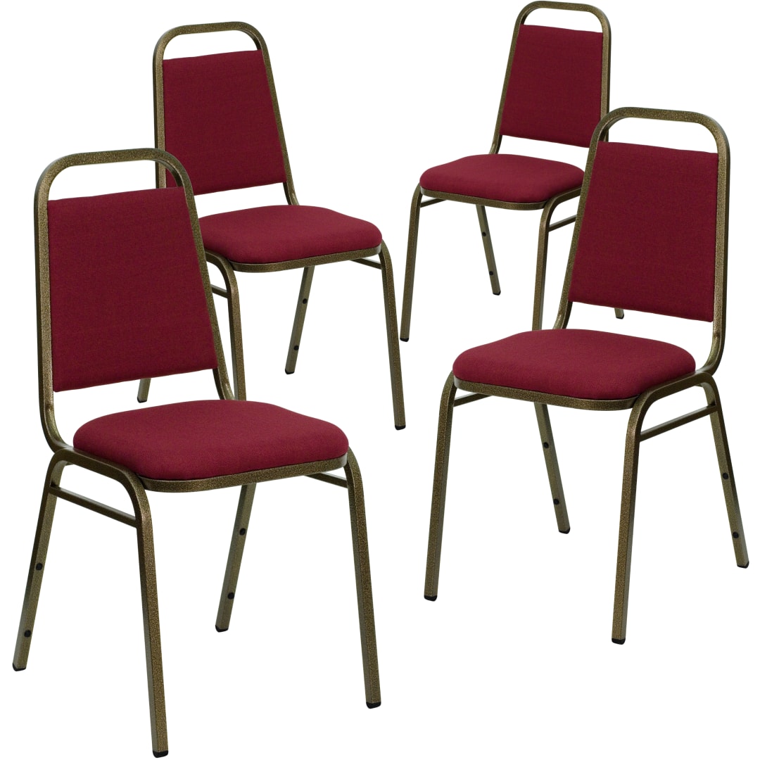 4 Pack HERCULES Series Trapezoidal Back Stacking Banquet Chair in Burgundy Fabric - Gold Vein Frame