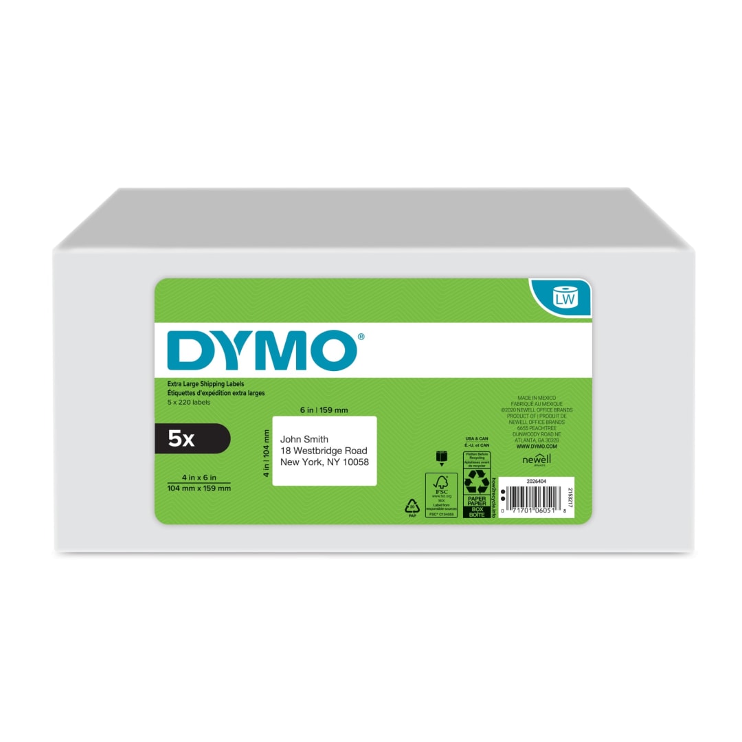 DYMO® Authentic LW Extra-Large Shipping Labels for LabelWriter™ Label Printers, White, 4" x 6", 5 Rolls of 220 (1100 Total)
