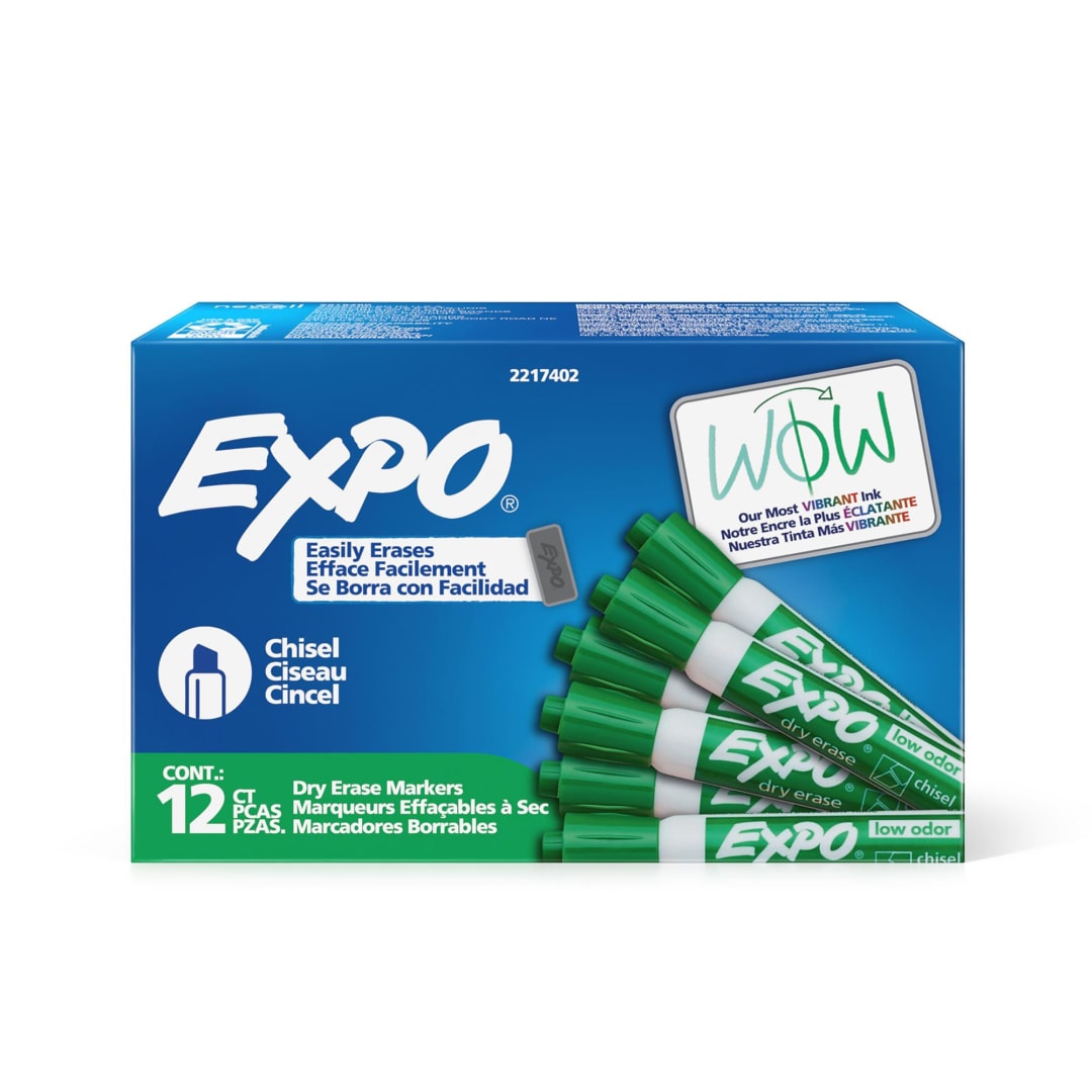 EXPO Dry Erase Markers, Low Odor Ink, Green, Chisel Tip, 12 Count