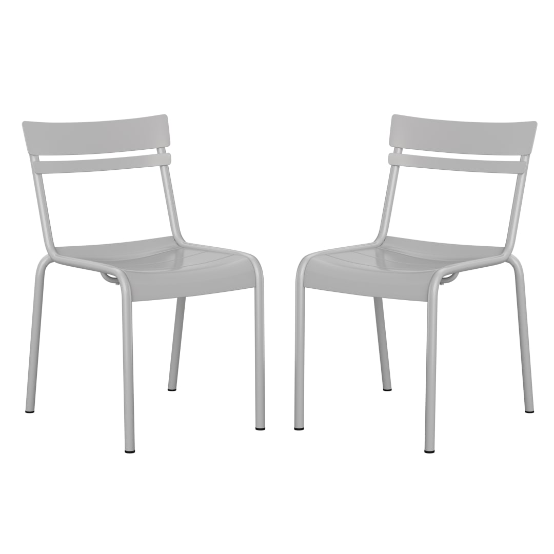 Nash Commercial Grade Steel Stack Chair, Indoor-Outdoor Armless Chair with 2 Slat Back in Silver, Set of 2