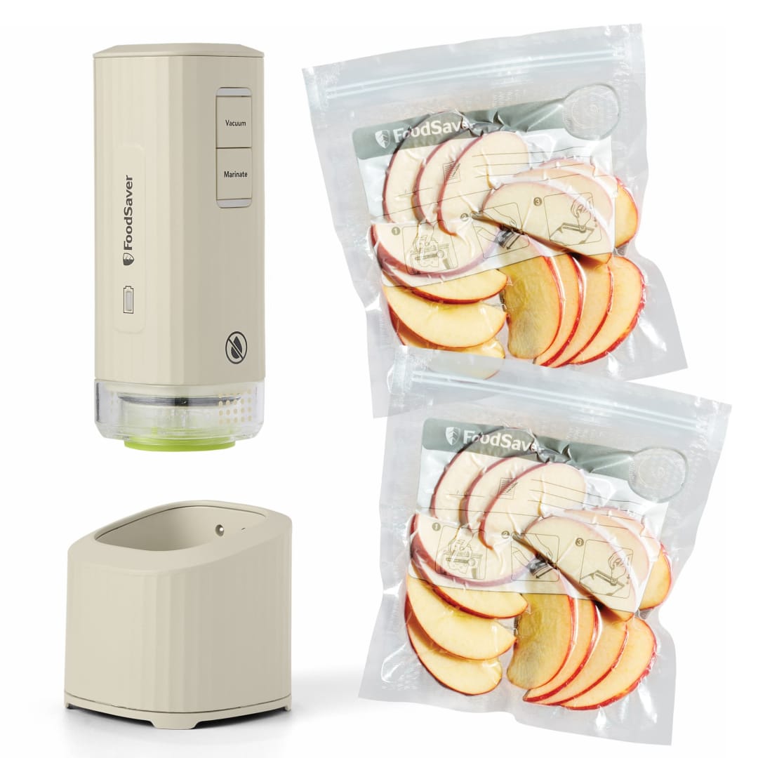 FoodSaver Mini Handheld Vacuum Sealer, Marinate Setting, Cordless Vacuum Sealer with Charging Dock, Oatmilk