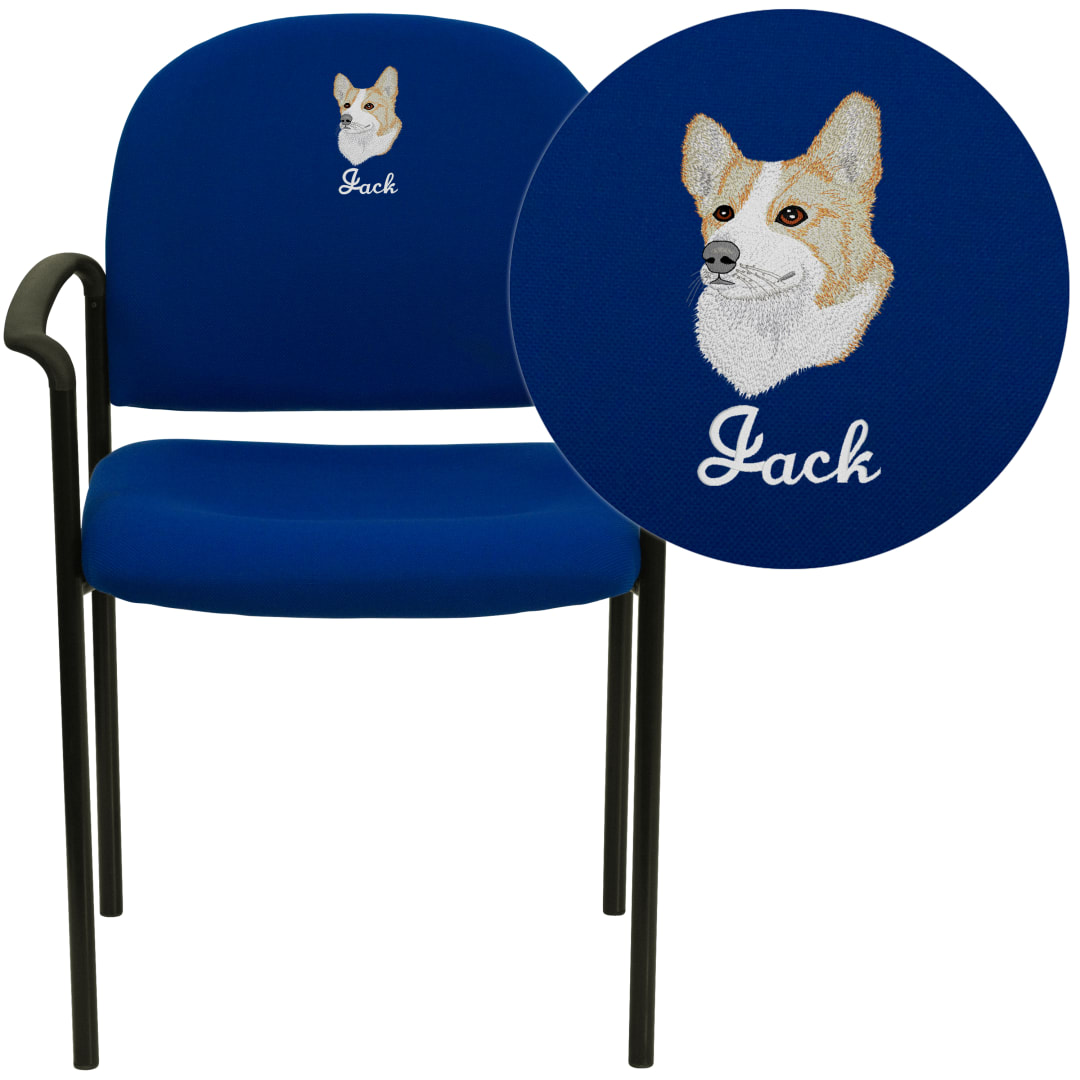 Tiffany Embroidered Comfort Navy Fabric Stackable Steel Side Reception Chair with Arms