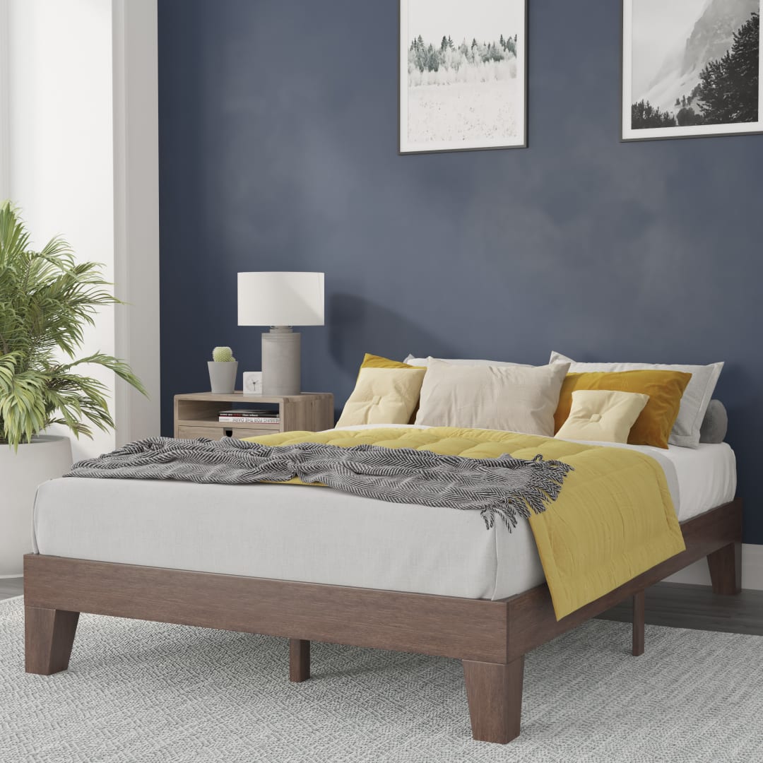 Evelyn Walnut Finish Wood Full Platform Bed with Wooden Support Slats, No Box Spring Required