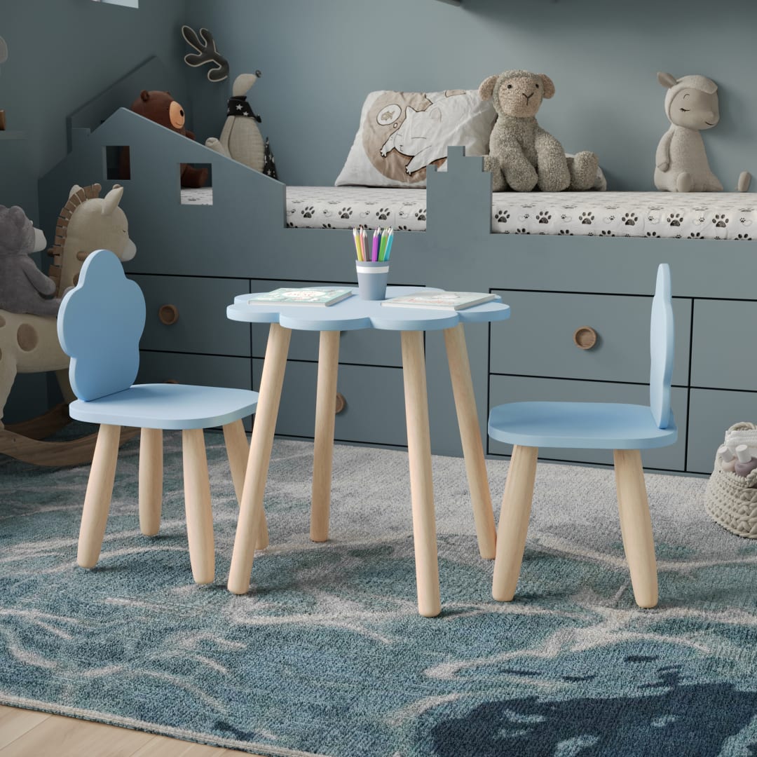 Kids 3-Piece Wood Cloud-Shaped Table and Chairs Set, Blue/Natural