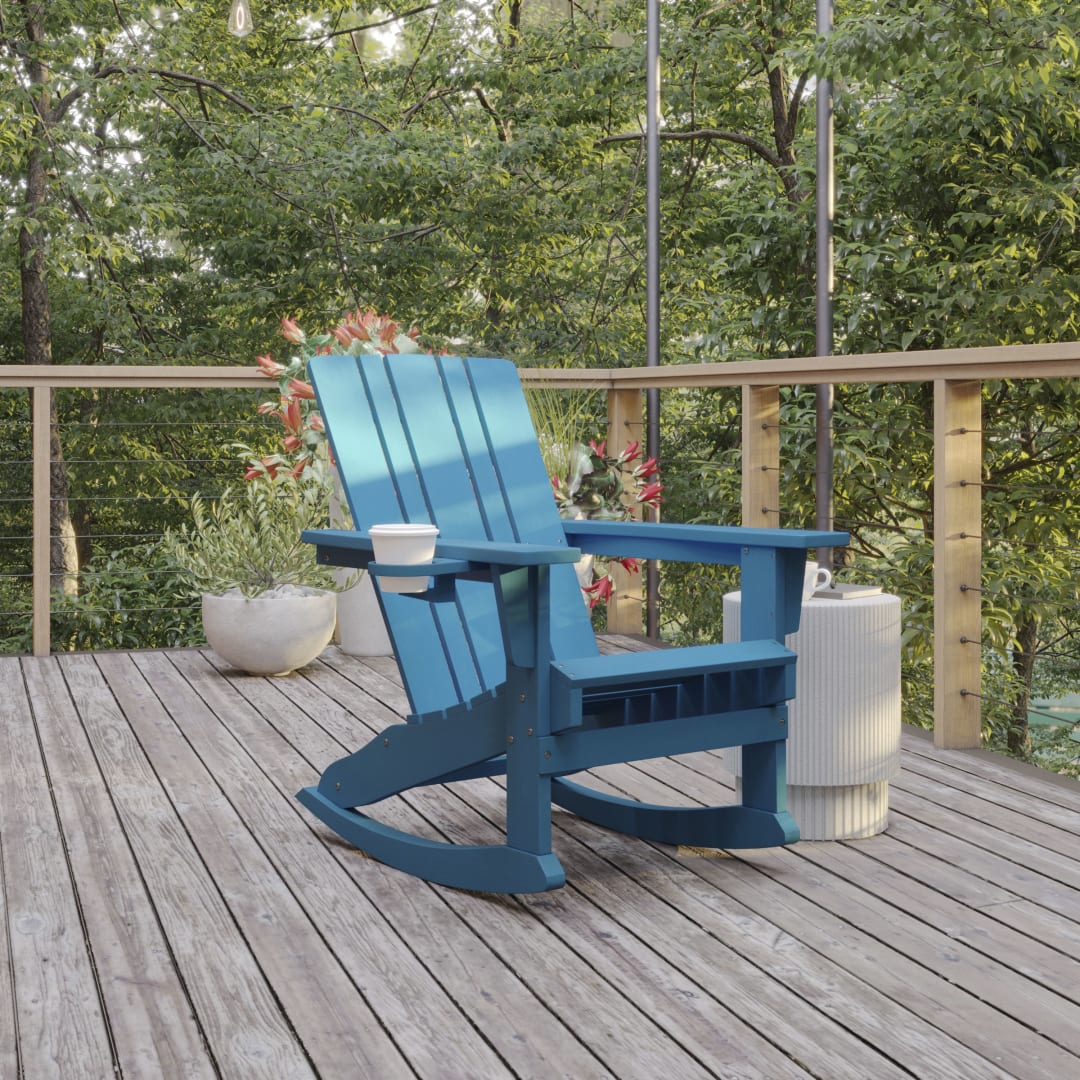 Halifax Adirondack Rocking Chair with Cup Holder, Weather Resistant HDPE Adirondack Rocking Chair in Blue