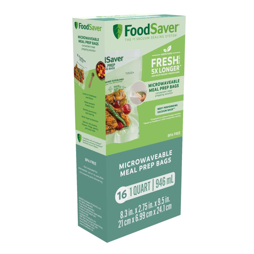 FoodSaver Microwavable Meal Prep Bags, 16 Count 1-Quart BPA-Free Vacuum Seal Bags, Cook-in-Bag for Freezer Storage and Sous Vide Cooking