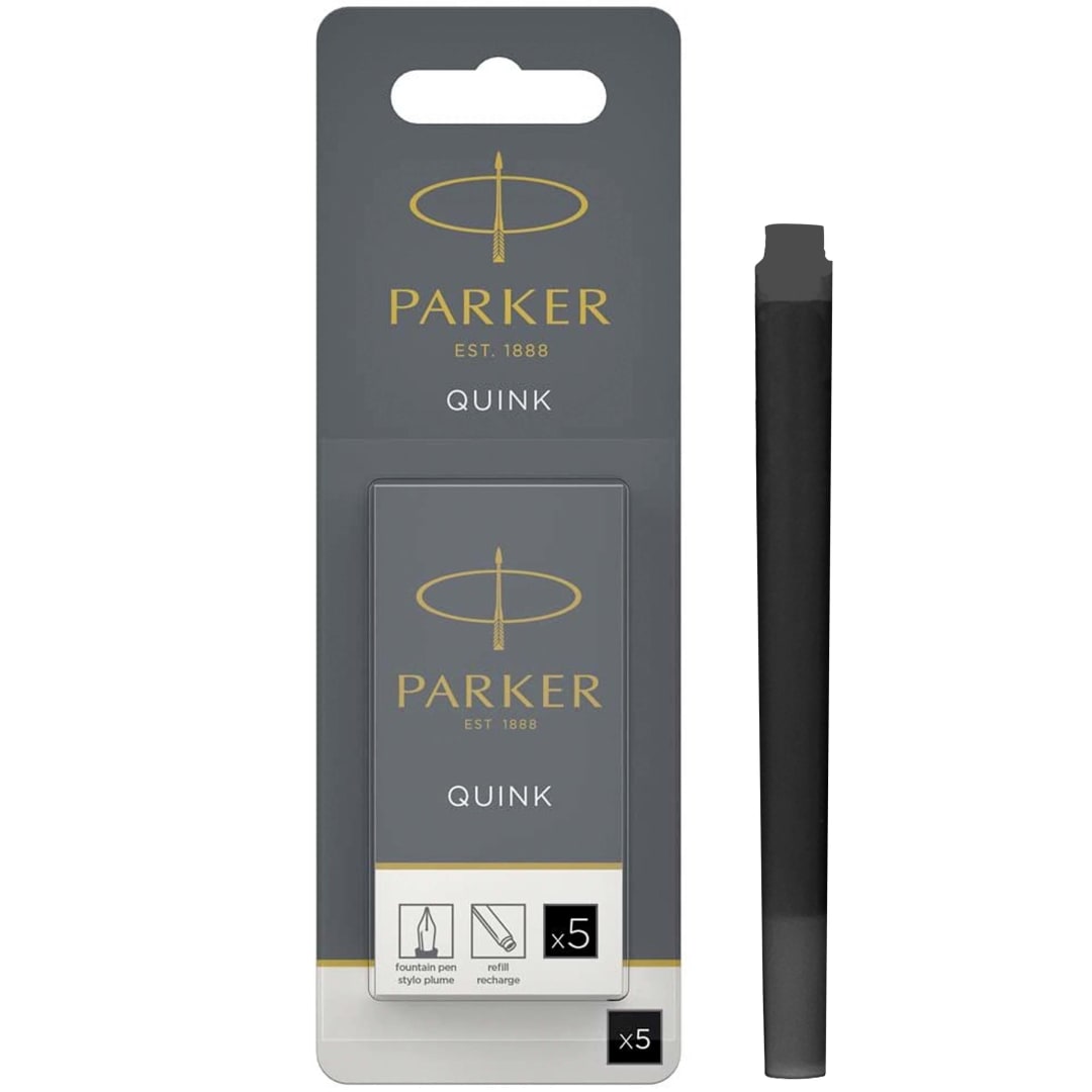 Parker Fountain Pen Ink Refill Cartridges, Long, Black QUINK Ink, 5 Count
