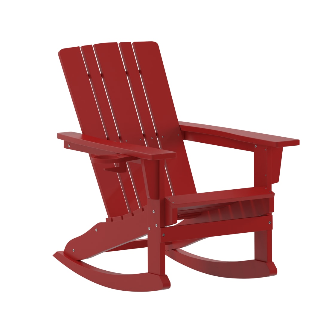 Halifax Adirondack Rocking Chair with Cup Holder, Weather Resistant HDPE Adirondack Rocking Chair in Red
