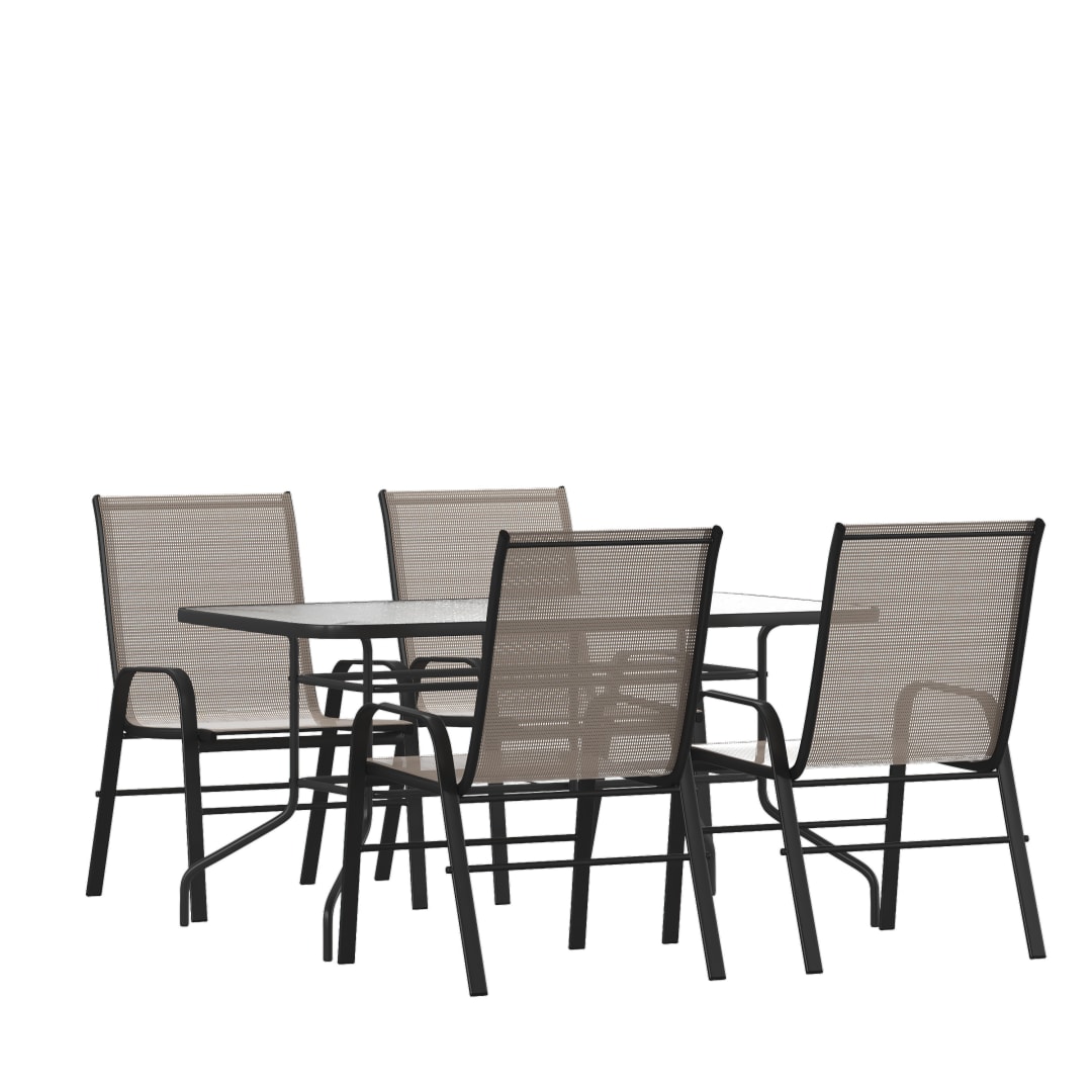 Brazos 5 Piece Outdoor Patio Dining Set - 55" Tempered Glass Patio Table with Umbrella Hole, 4 Brown Flex Comfort Stack Chairs