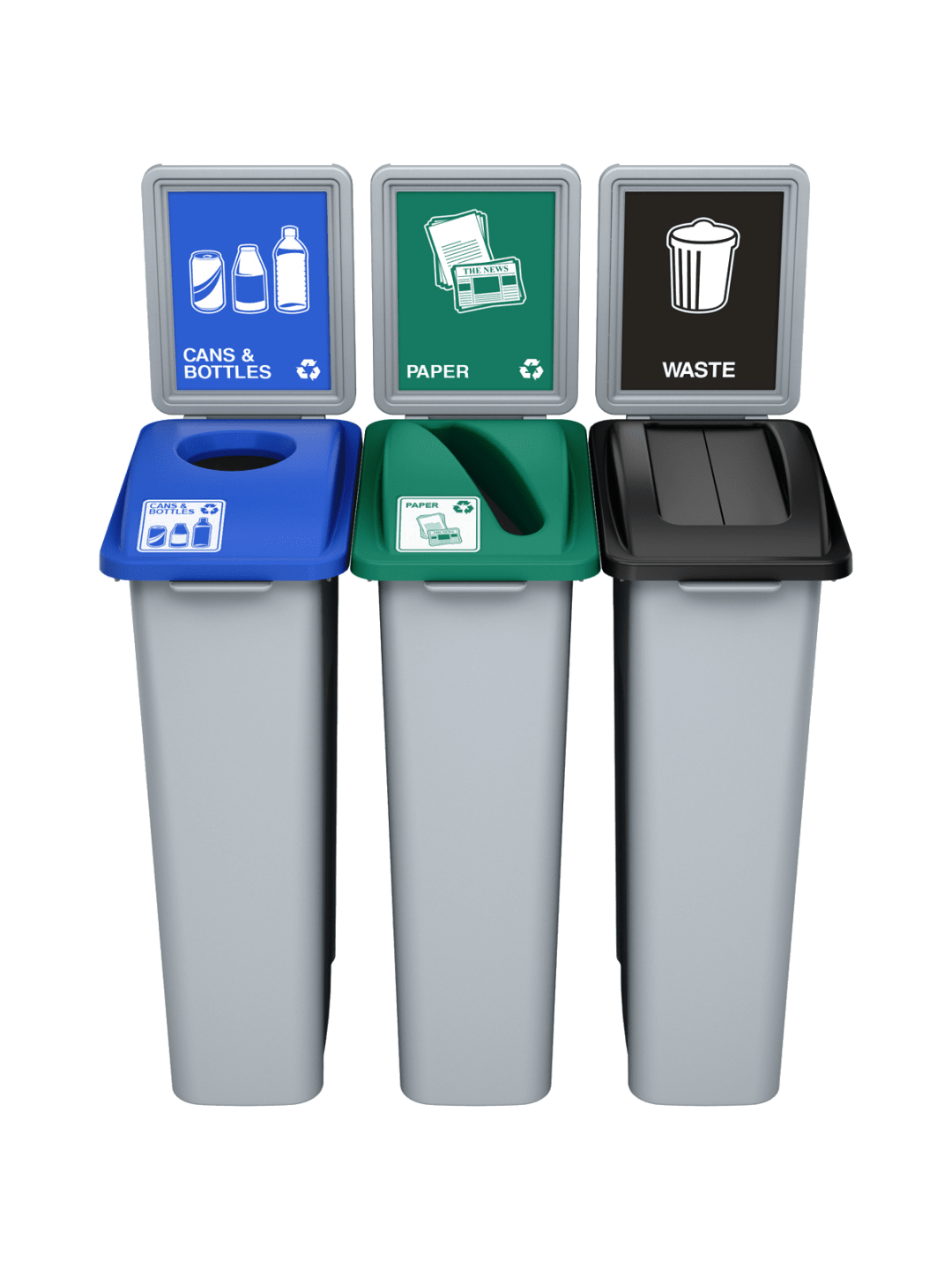  WASTE WATCHER - Triple - Kit - Cans &amp; Bottles-Paper-Waste - Circle-Slot-Swing - Grey-Blue-Green-Black-Grey