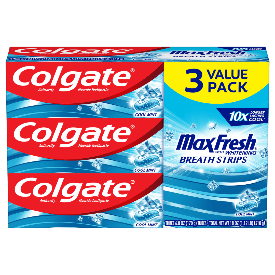 Colgate Max Fresh Toothpaste with Mini Breath Strips, Cool Mint - 6.0 Ounce (3 Pack)