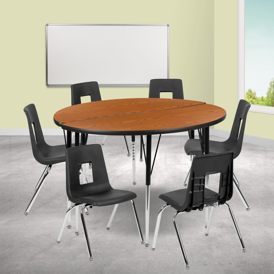 Emmy 47.5" Circle Wave Flexible Laminate Activity Table Set with 18" Student Stack Chairs, Oak/Black