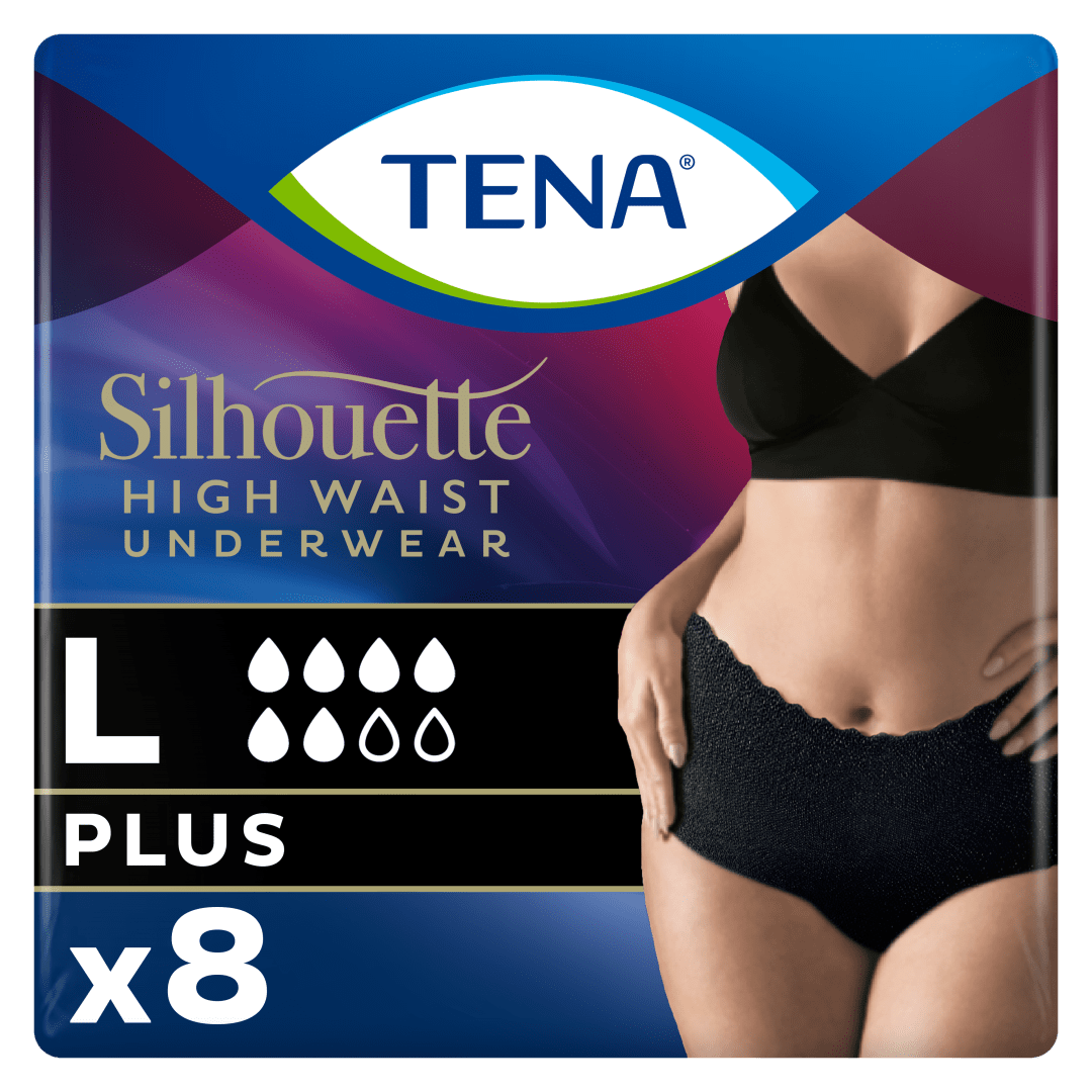 TENA Silhouette Plus High Waist – Elegant Discreet Incontinence Underwear for Women, Moderate to Heavy Leakage Protection, Stylish Design &amp; Triple Protection, Black, Large, Pack of 8