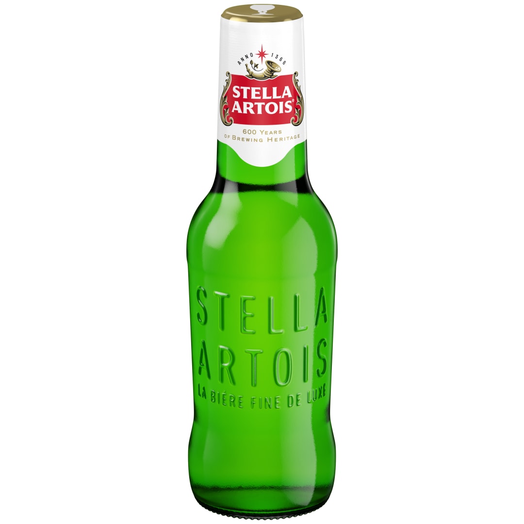 Stella Artois - Brewed at AB 7 oz Glass Bottle Back LABEL 5ABV APL Rewind 7 NAC