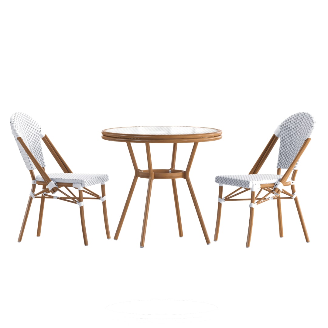Lourdes Indoor/Outdoor Commercial Bistro 31.5" Table, White and Gray PE Rattan, Glass Top with 2 Stack Chairs - Natural Frame