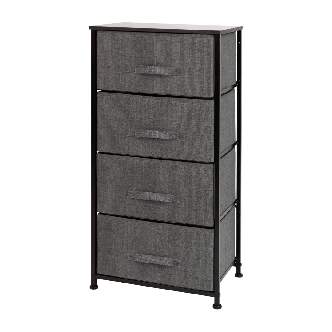 Harris 4 Drawer Wood Top Black Cast Iron Frame Vertical Storage Dresser with Dark Gray Easy Pull Fabric Drawers