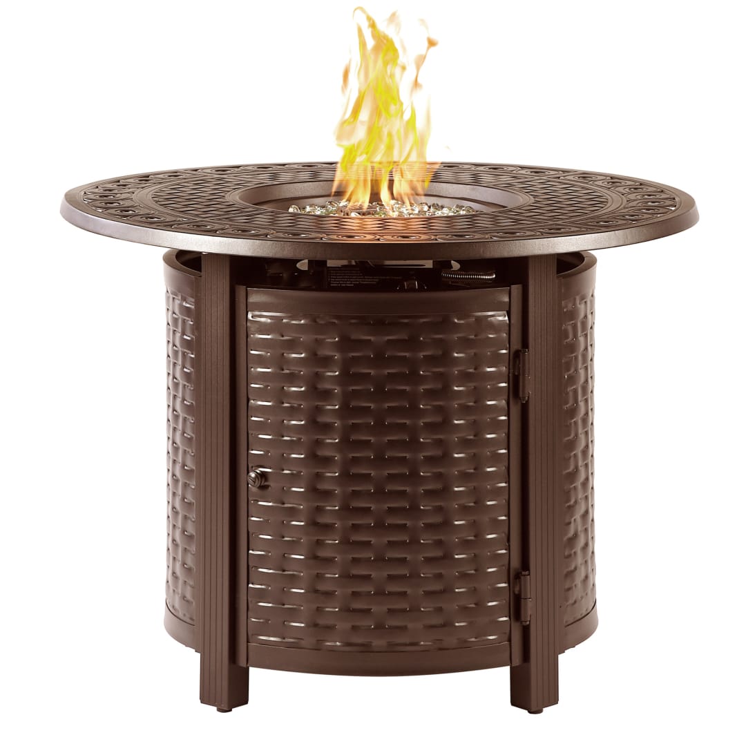 Round 34 in. x 34 in. Aluminum Propane Fire Pit Table with Glass Beads, Two Covers, Lid, 37,000 BTUs in Brown Finish