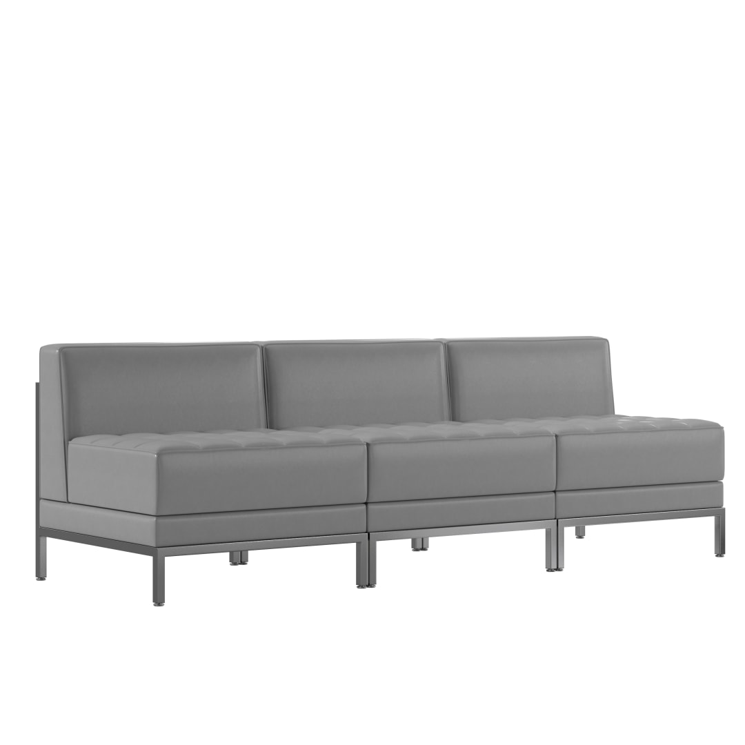 HERCULES Imagination Series 3 Piece Gray LeatherSoft Waiting Room Lounge Set with Ganging Clips - Reception Bench with Ganging Clips
