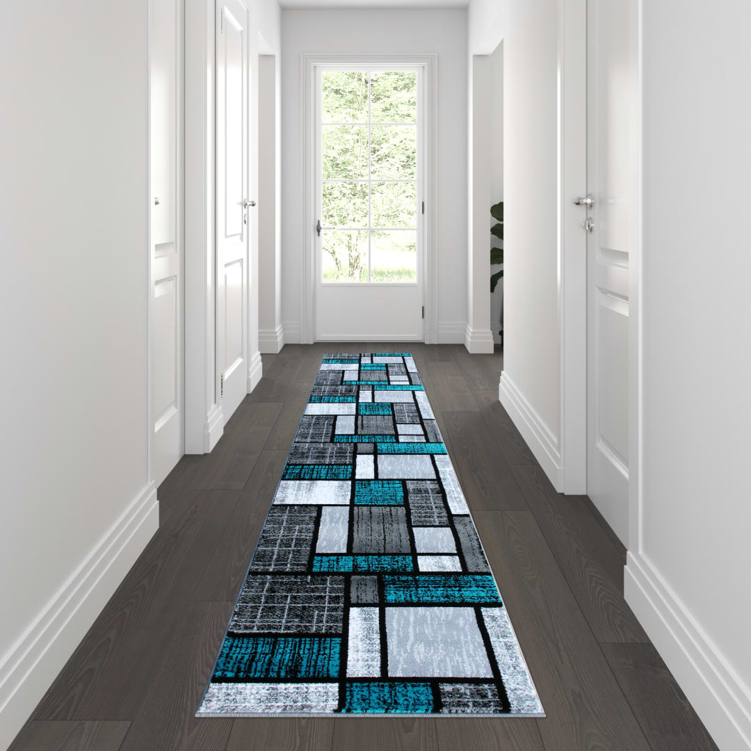 Raven Collection 2' x 11' Turquoise Color Bricked Olefin Area Rug with Jute Backing for Entryway, Living Room, Bedroom