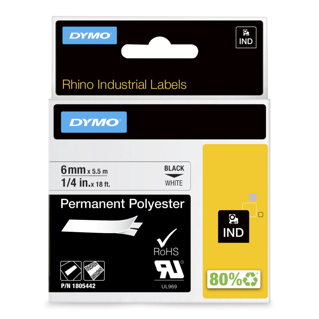 DYMO Rhino Industrial Permanent Polyester Labels, 1/4", Black Print on White Tape