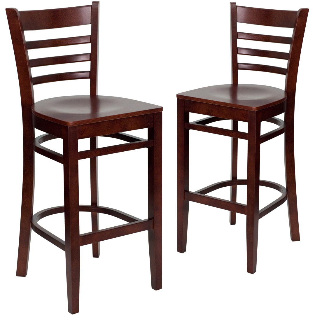 2 Pack HERCULES Series Ladder Back Mahogany Wood Restaurant Barstool