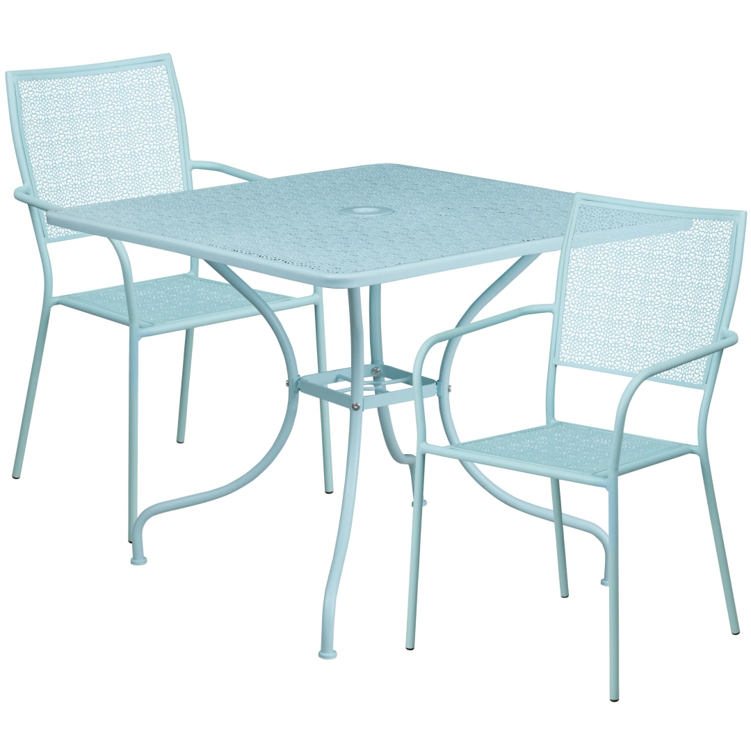 Oia Commercial Grade 35.5" Square Sky Blue Indoor-Outdoor Steel Patio Table Set with 2 Square Back Chairs