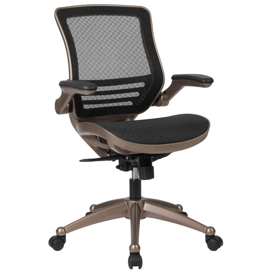 Warfield Mid-Back Transparent Black Mesh Executive Swivel Office Chair with Melrose Gold Frame and Flip-Up Arms