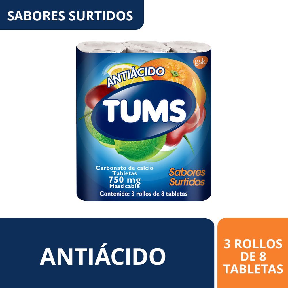 TUMS Antiácido Tabletas Masticables Extra Surtido 24 tabs (3 rollos de 8 tabs c/u)