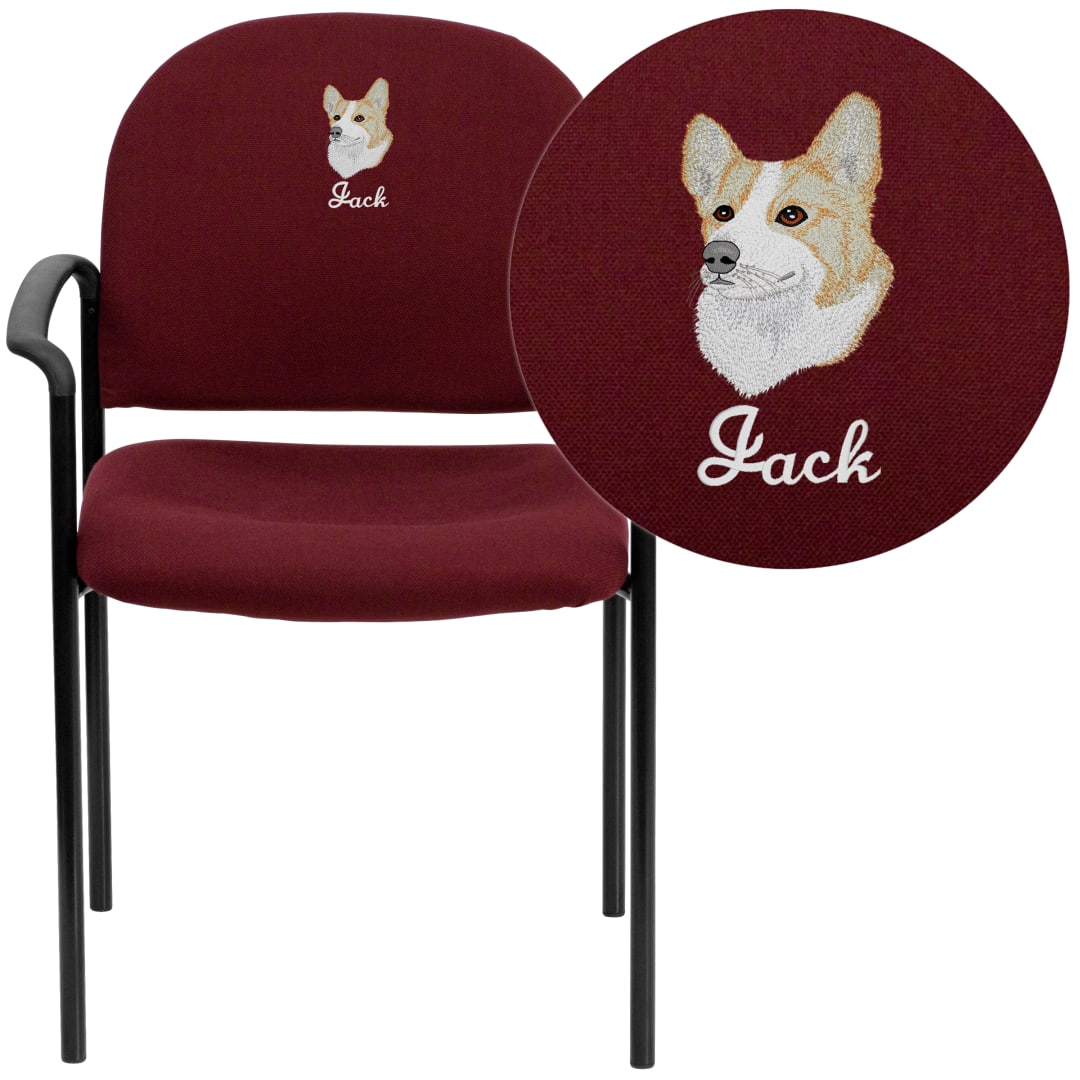 Tiffany Embroidered Comfort Burgundy Fabric Stackable Steel Side Reception Chair with Arms