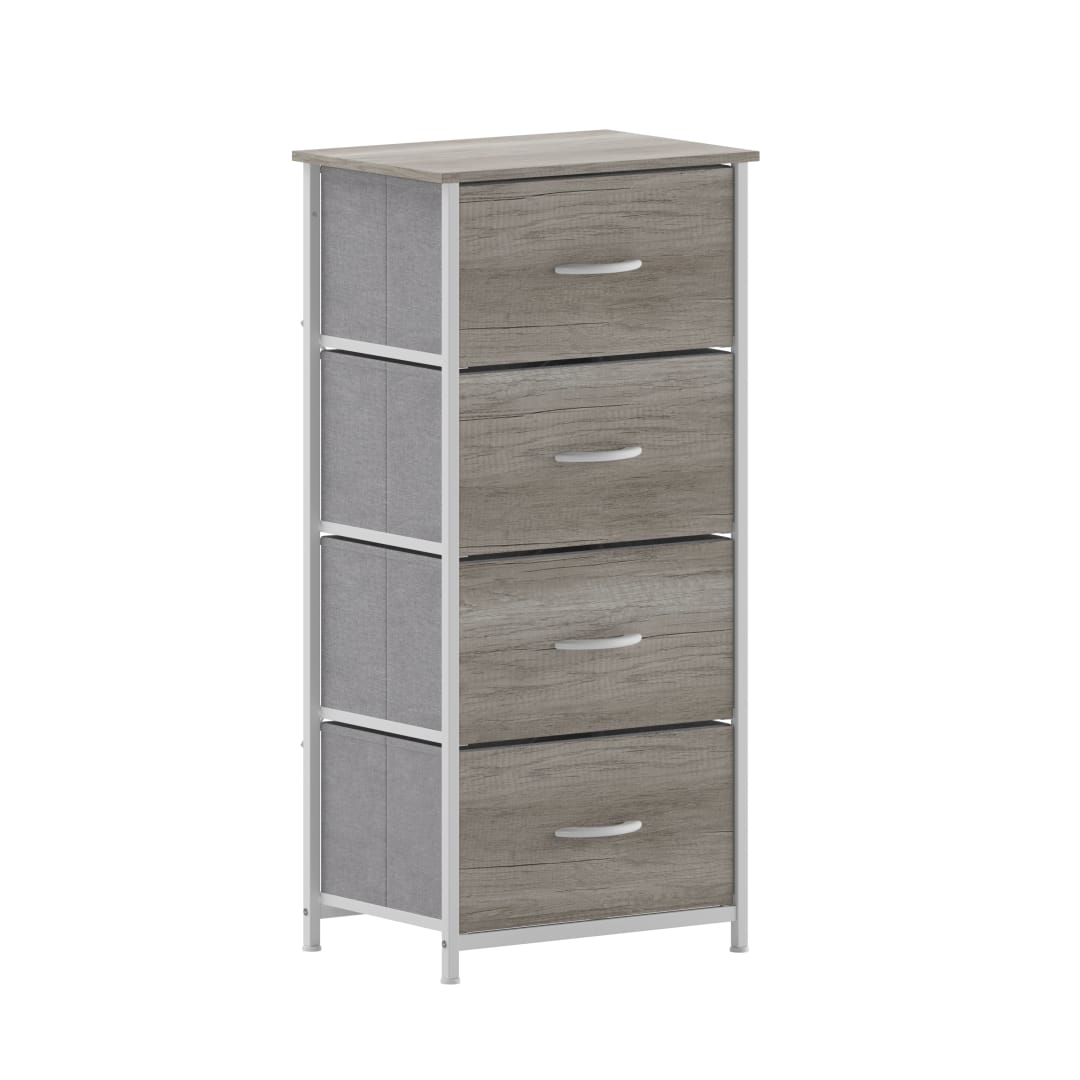 Harris 4 Drawer Storage Dresser with White Cast Iron Frame, Light Natural Wood Top and Easy Pull Engineered Wood Drawers, and White Wooden Handles