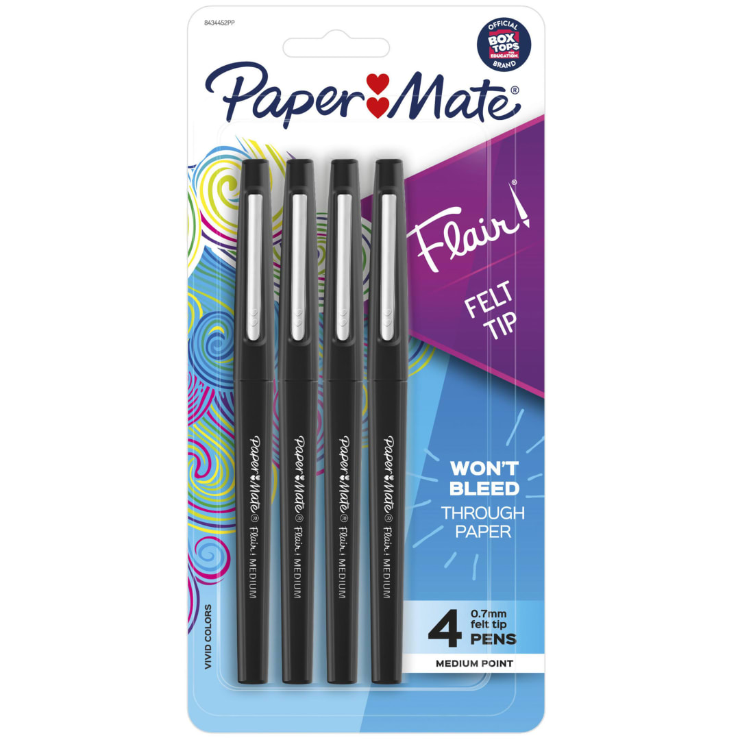 Paper Mate® Flair Felt Tip Pens, Medium Point (0.7mm), Black, 4 Count
