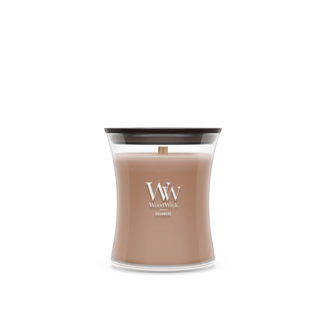 WoodWick® Cashmere Scented Medium Hourglass Candle, Crackles as it Burns, Great for gifting, 9.7oz