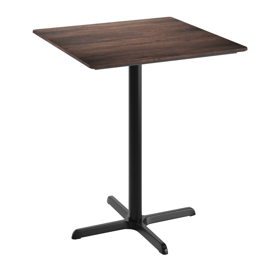 TopGuard 36" Square Tabletop, Seamless Surface Technology, Dark Brown with 30" x 30" Black Bar Height X-Base, Moisture, Scratch, Heat, UV Resistant