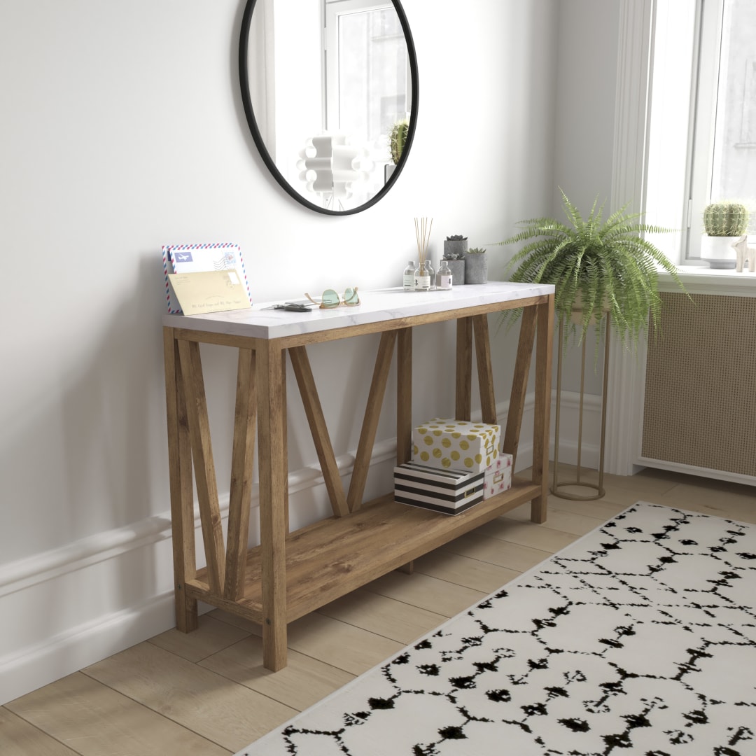 Charlotte Farmhouse 2-Tier Console Accent Table - Warm Oak Finish Engineered Wood Frame - Marble Finish Tabletop - For Entryway or Living Room
