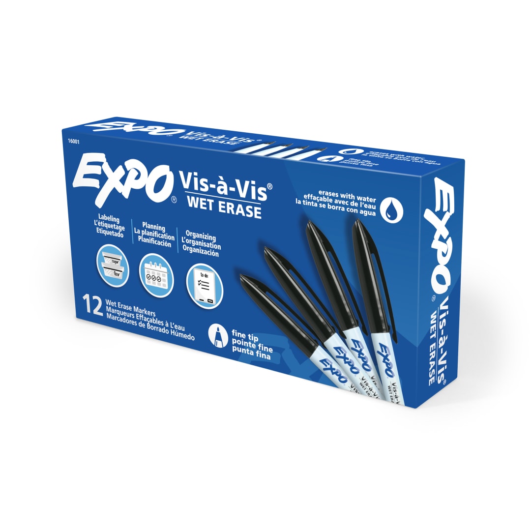 EXPO® Vis-a-Vis Wet Erase Markers, Fine Point, Black, 12 Count