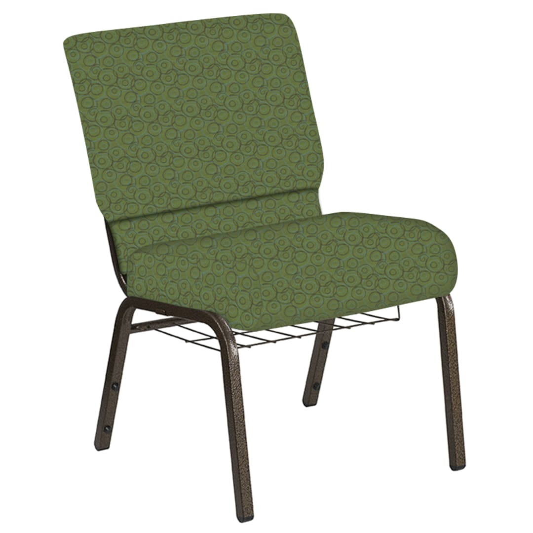 Embroidered 21''W Church Chair in Martini Appletini Fabric with Book Rack - Gold Vein Frame