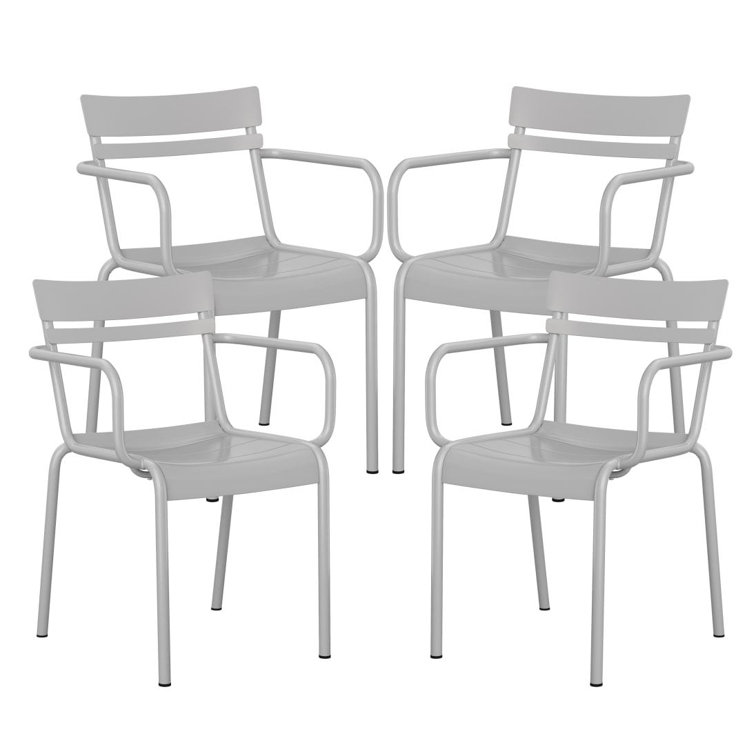 Nash Commercial Grade Silver Steel Indoor-Outdoor Stackable Chair with 2 Slats and Arms, Set of 4